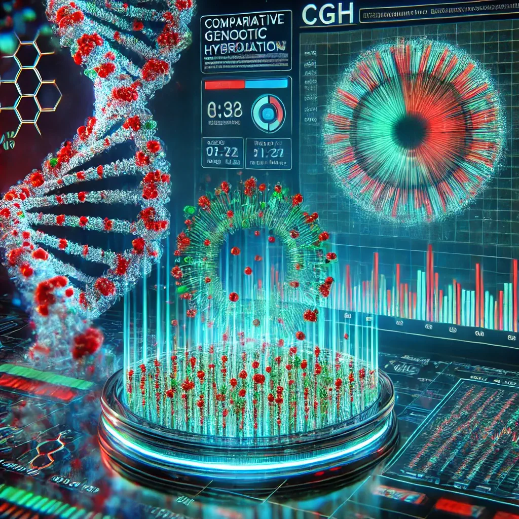 Rappresentazione di visualizzazione scientifica della tecnologia di Ibridazione Genomica Comparativa (CGH): un microarray di DNA con segnali fluorescenti rossi e verdi rappresenta variazioni genetiche, mentre un'analisi bioinformatica evidenzia anomalie cromosomiche su uno schermo digitale